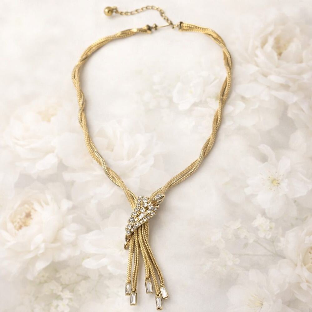 FJJ Signed Multi Strand Necklace Mesh Gold Tone Baguette Rhinestone Y Drop VTG